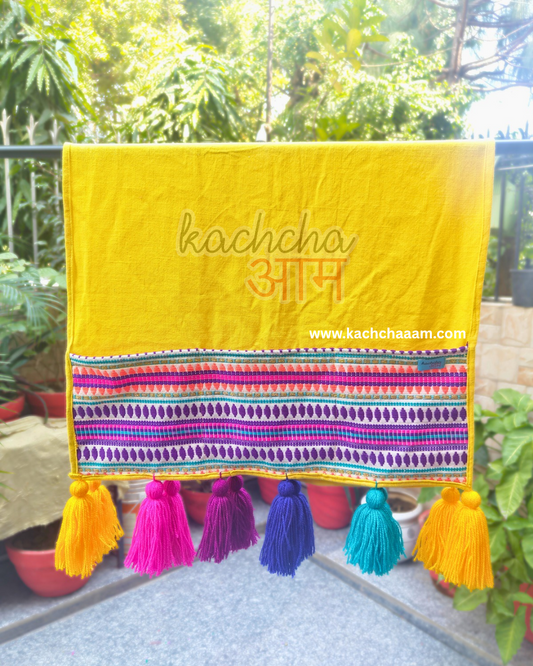 Yellow Cotton Slub Solid Fridge Cover with Purple Jacquard Fabric Pockets & Multi Tassels