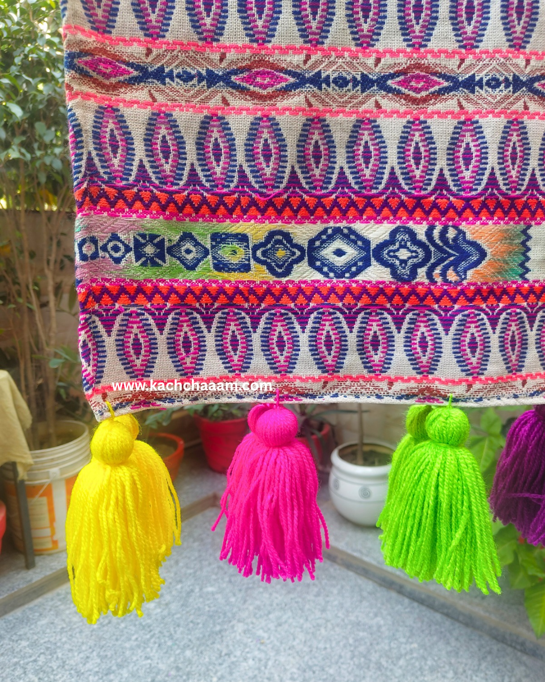 Plum Motif Jacquard Fridge Cover without Pockets & Neon Tassels
