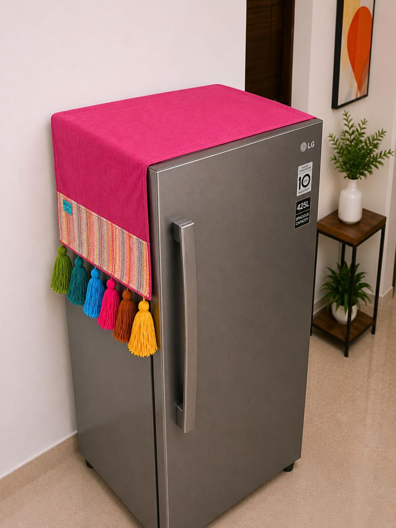 Magenta Pink Cotton Slub Solid Fridge Cover with Multicolored Jacquard Fabric Pockets and Rainbow Tassel