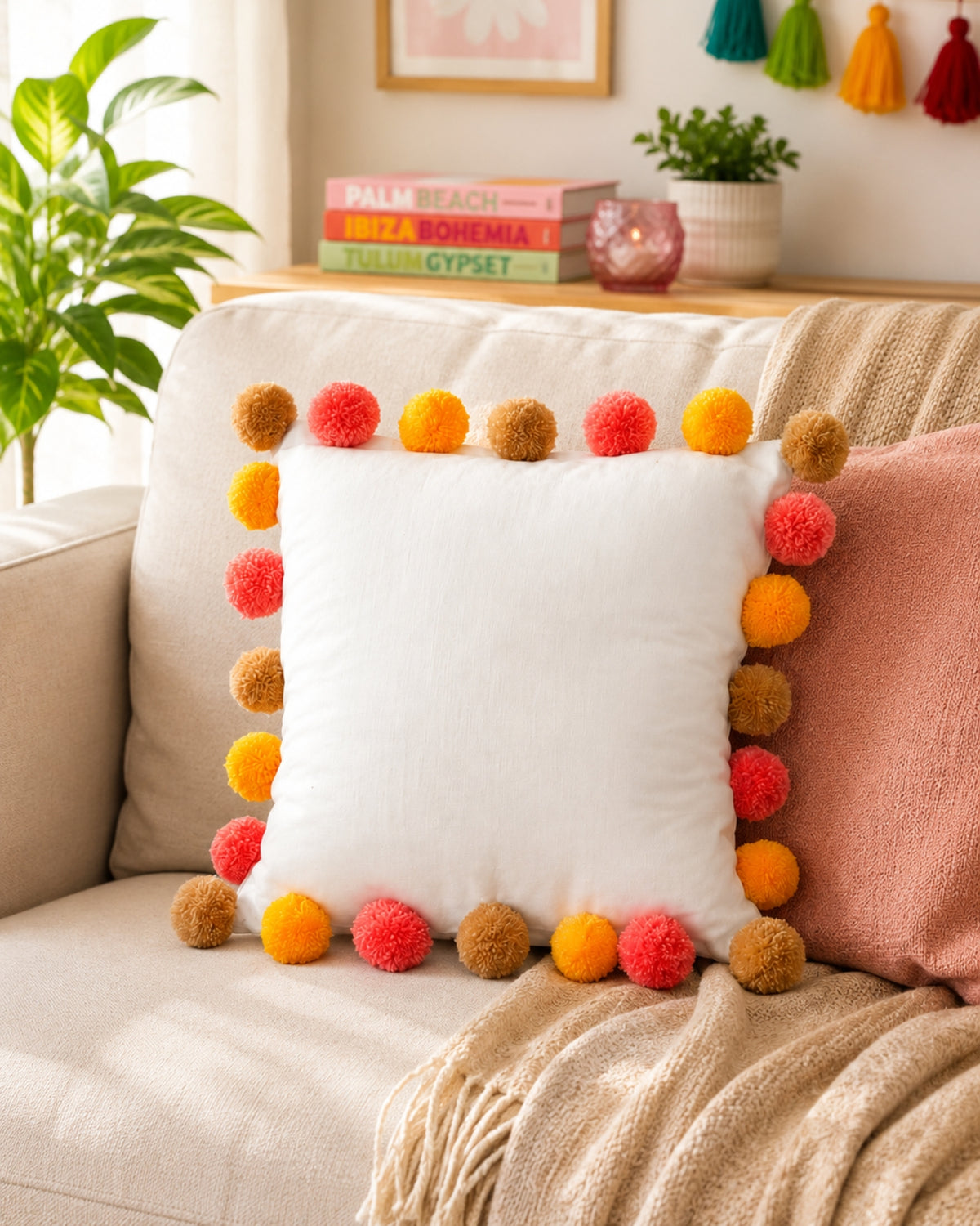 Sunset Pompom White Cotton Cushion Cover with Lining