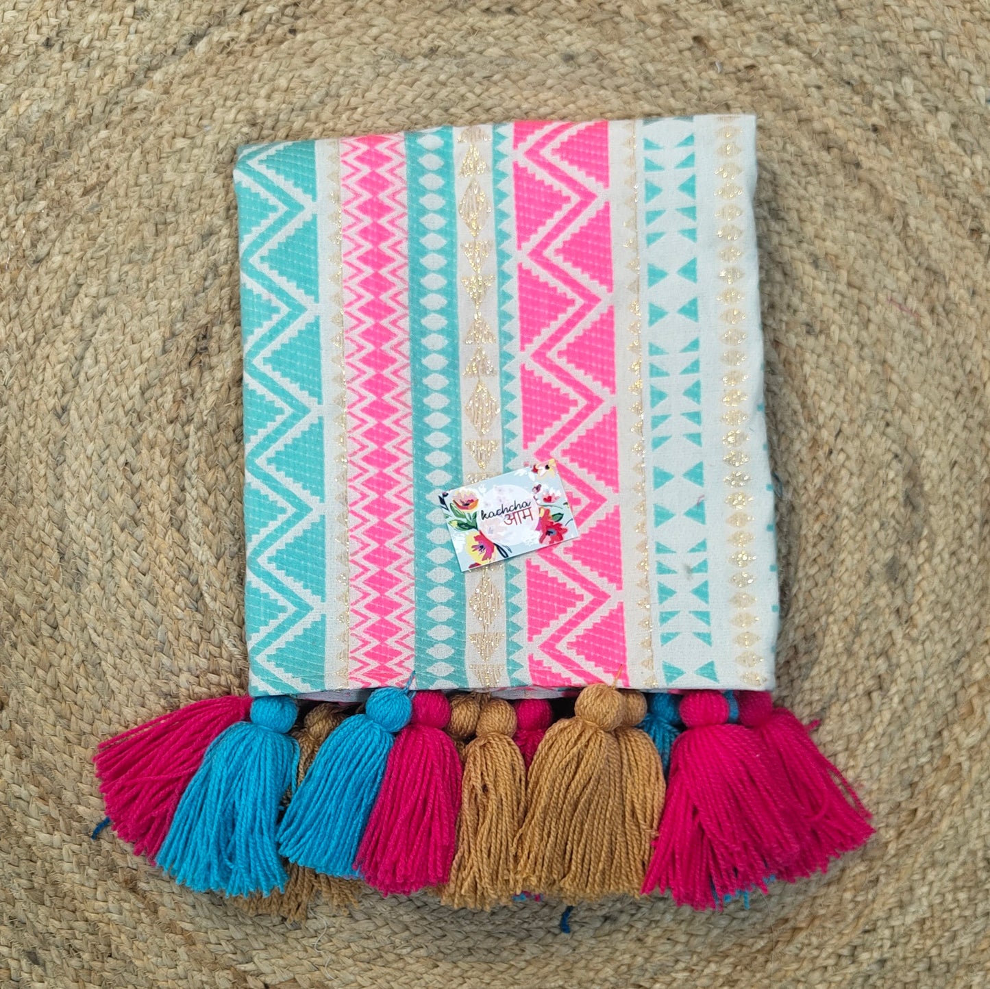 Jacquard Fabric Thick Polyester Sofa cover with Pink Blue Beige Tassels