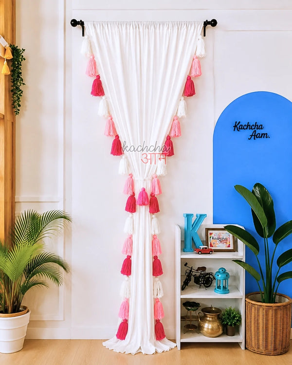 Pink Ombre Tassel White Curtains (Cotton & Sheer)