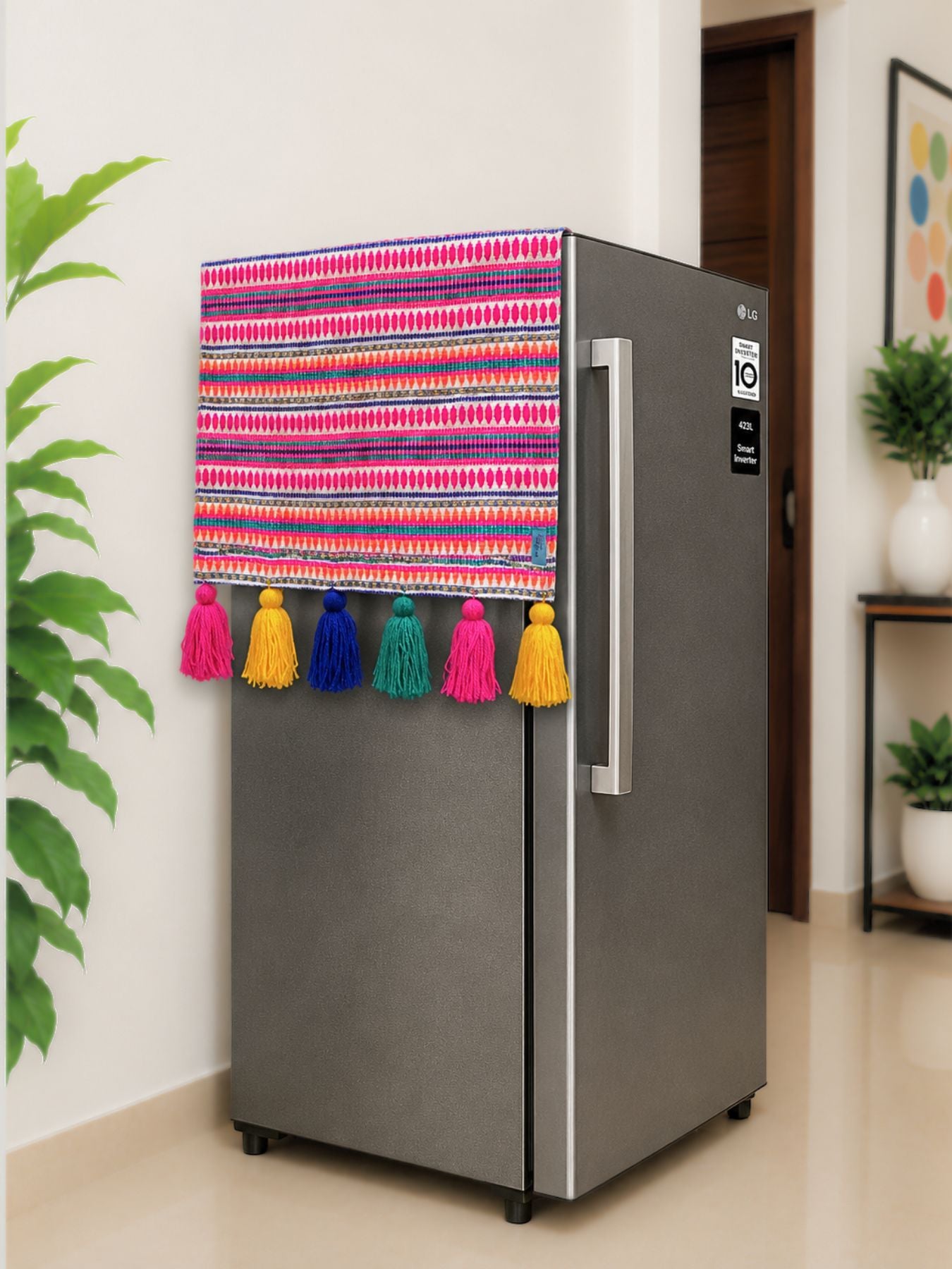 Magenta Jacquard Fridge Cover without Pockets & Multi Tassels