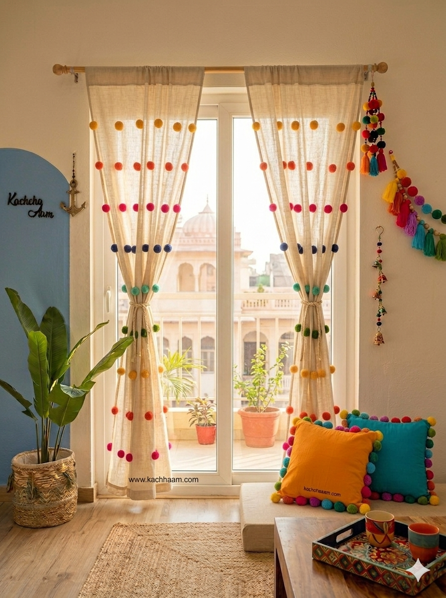 Rainbow Pompom Cream Curtains