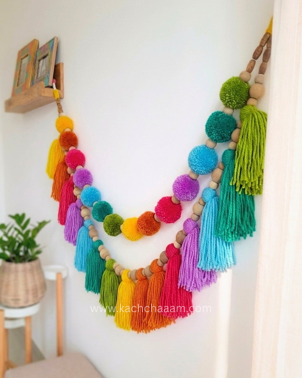 2 Layered Rainbow Pompom and Tassel Wool Bunting Wall Decor