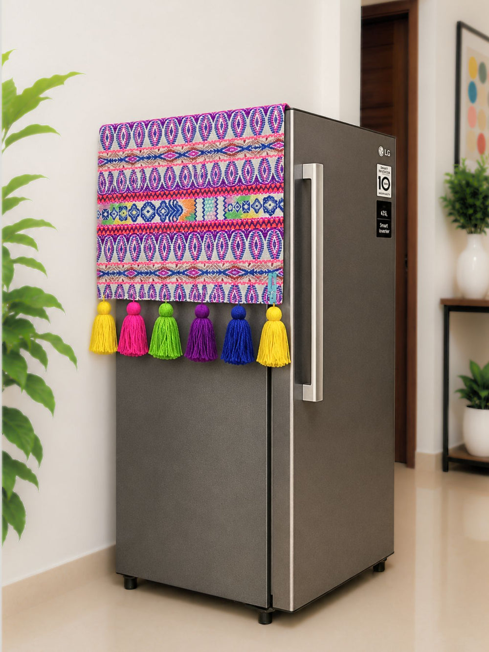 Plum Motif Jacquard Fridge Cover without Pockets & Neon Tassels