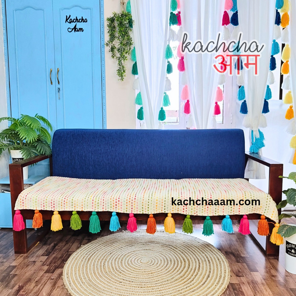 Rainbow Slub Cotton Sofa Cover with Multi Color Tassels