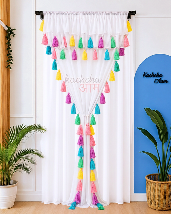 Celestial Tassel Double Layered White Curtain with Two Frills on Top