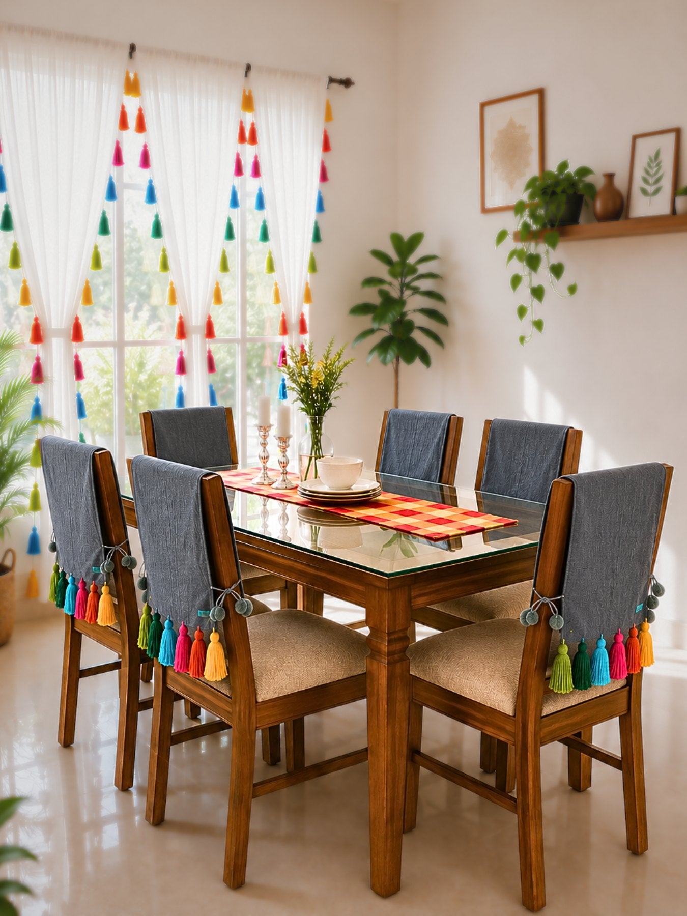 Grey Cotton Slub Chair Cover with Rainbow Tassels