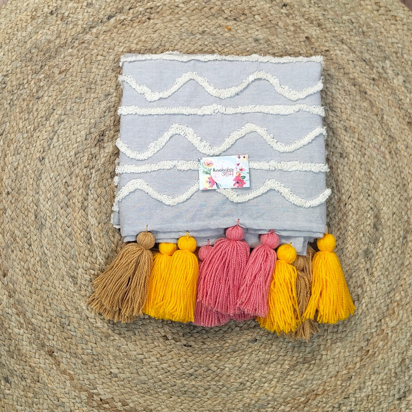 Grey Cotton Tufted Sofa Cover with Sunset Bliss Tassels