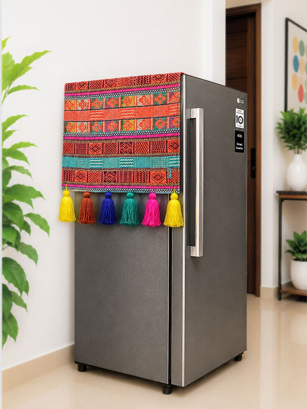 Orange Jacquard Fridge Cover without Pockets & Multi Tassels