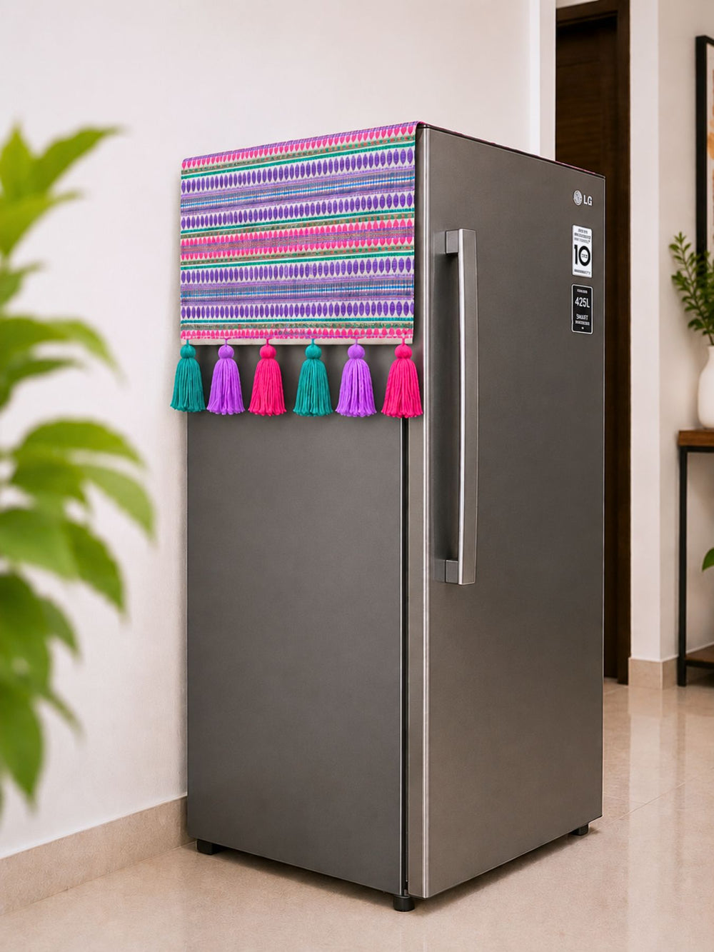 Lavender Jacquard Fridge Cover without Pockets & Multi Tassels