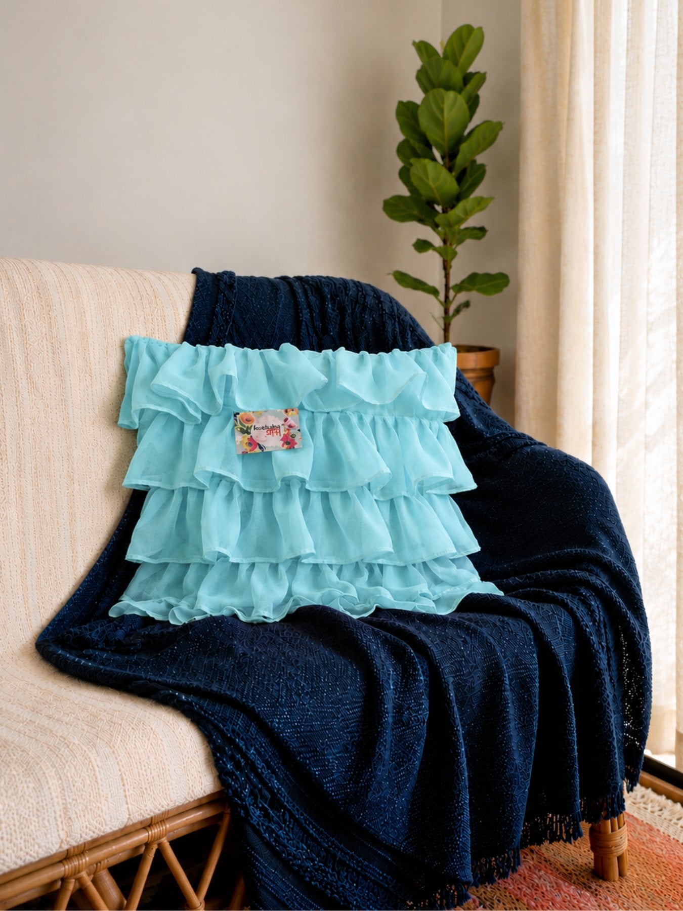 Georgette Ruffle Cushion Cover in Blue - 16x16 Inches with Quality Lining