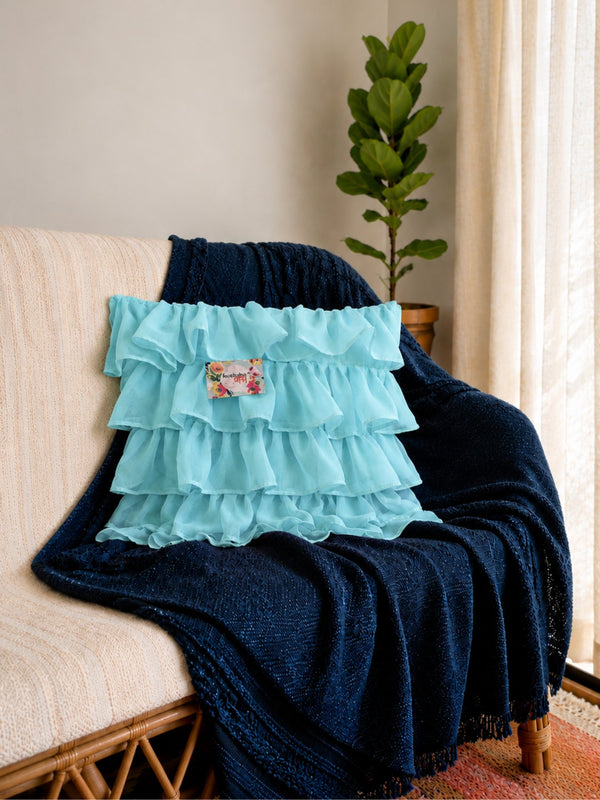 Georgette Ruffle Cushion Cover in Blue - 16x16 Inches with Quality Lining