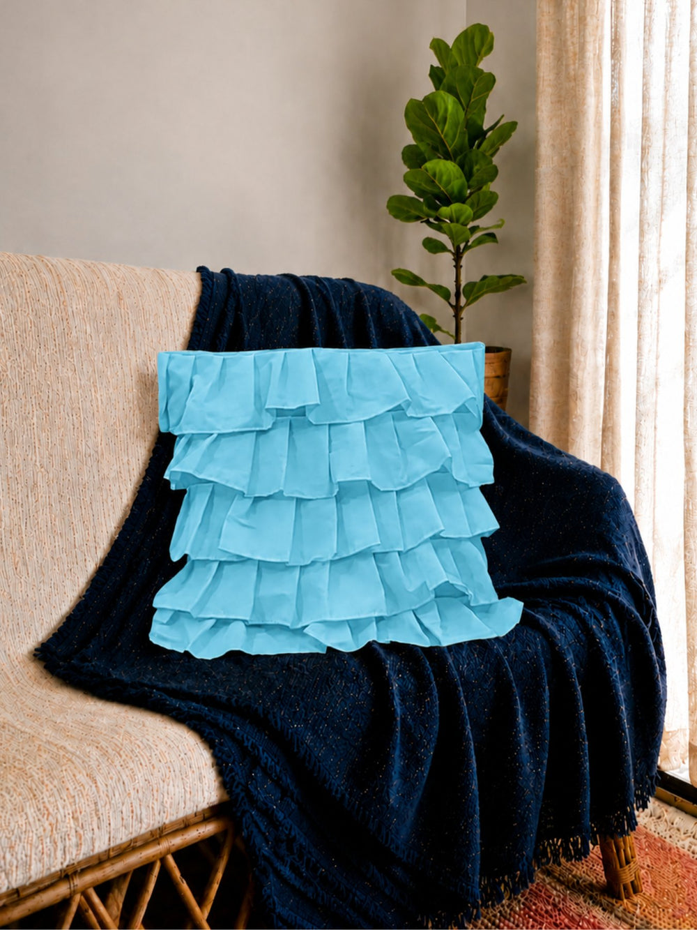 Cotton Ruffle Cushion Cover in Blue - 16x16 Inches with Quality Lining