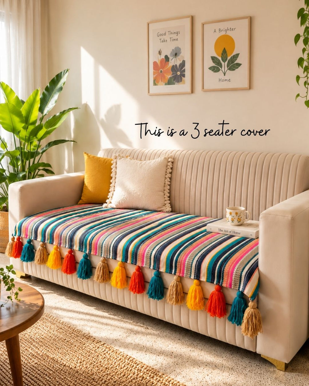 Striped Woven Fabric Sofa cover with Multi Tassels