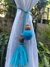 Curtain Tie Backs White Sky Pompom & Tassel with Wooden Beads (Set of 2)