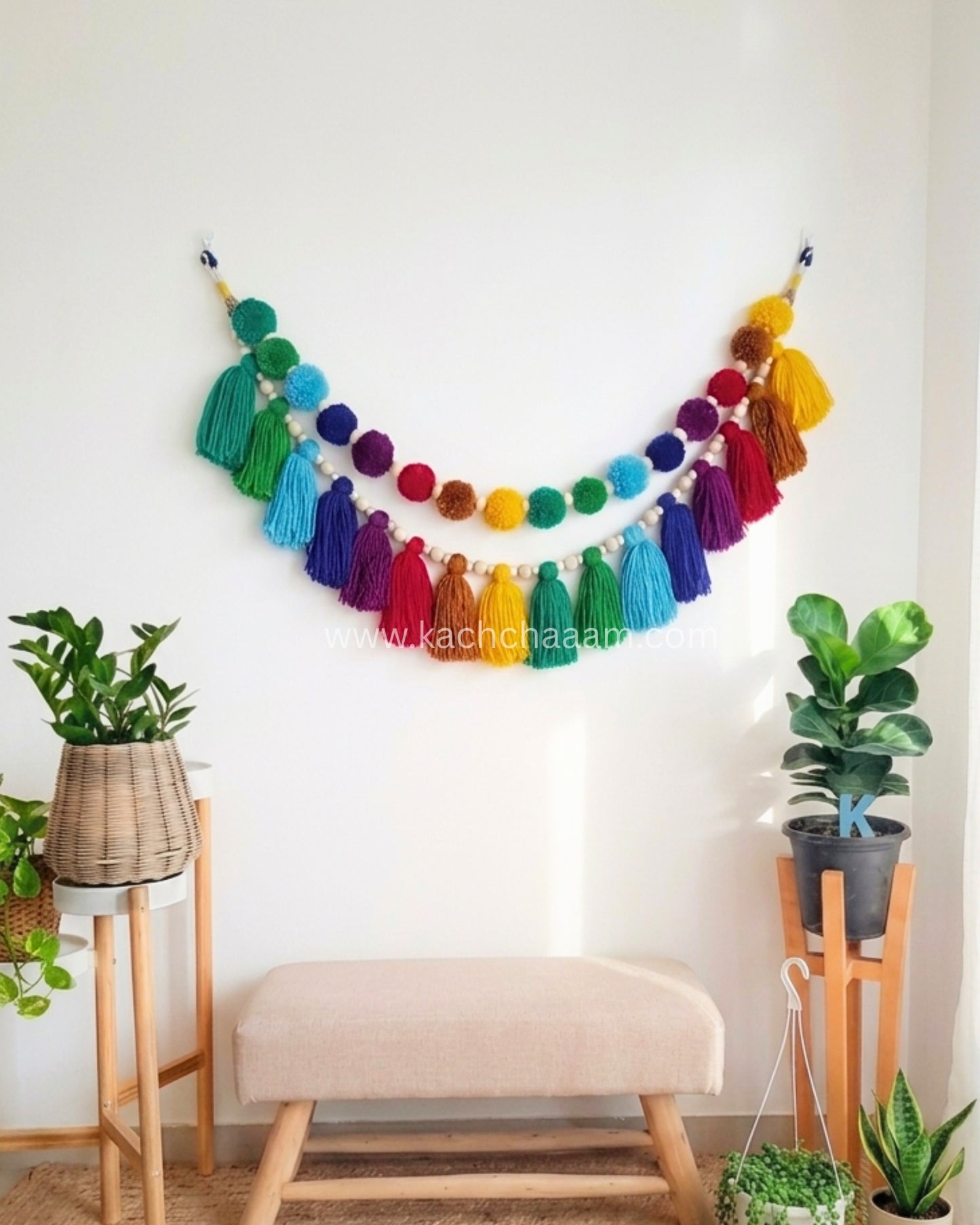 2 Layered VIBGYOR Pompom and Tassel Wool Bunting Wall Decor