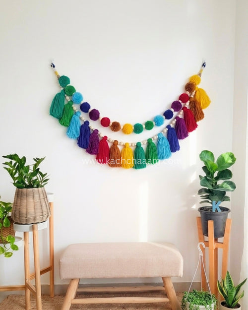 2 Layered VIBGYOR Pompom and Tassel Wool Bunting Wall Decor
