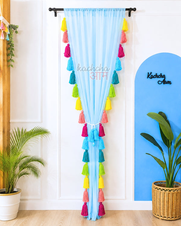 Gulbahar Tassel Sky Blue Curtains (Cotton & Sheer)