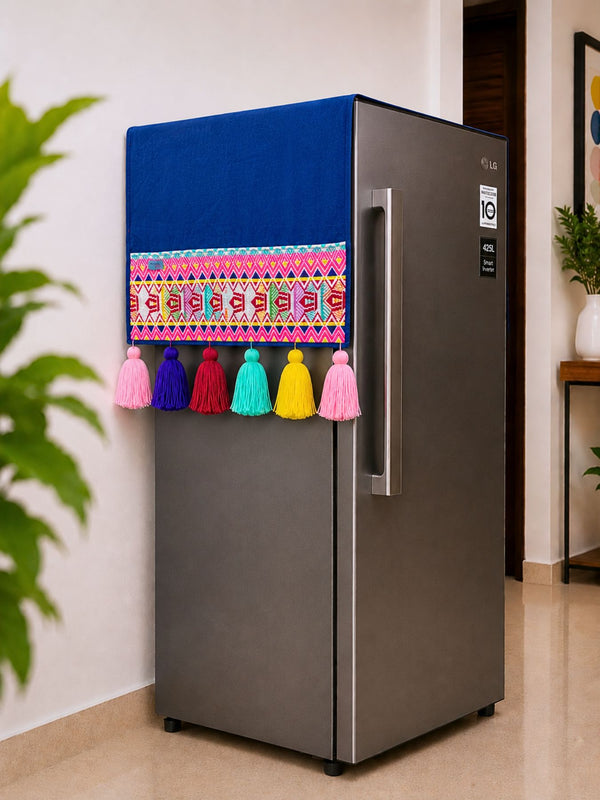 Navy Cotton Slub Solid Fridge Cover with Neon Yellow Jacquard Fabric Pockets & Neon Tassels
