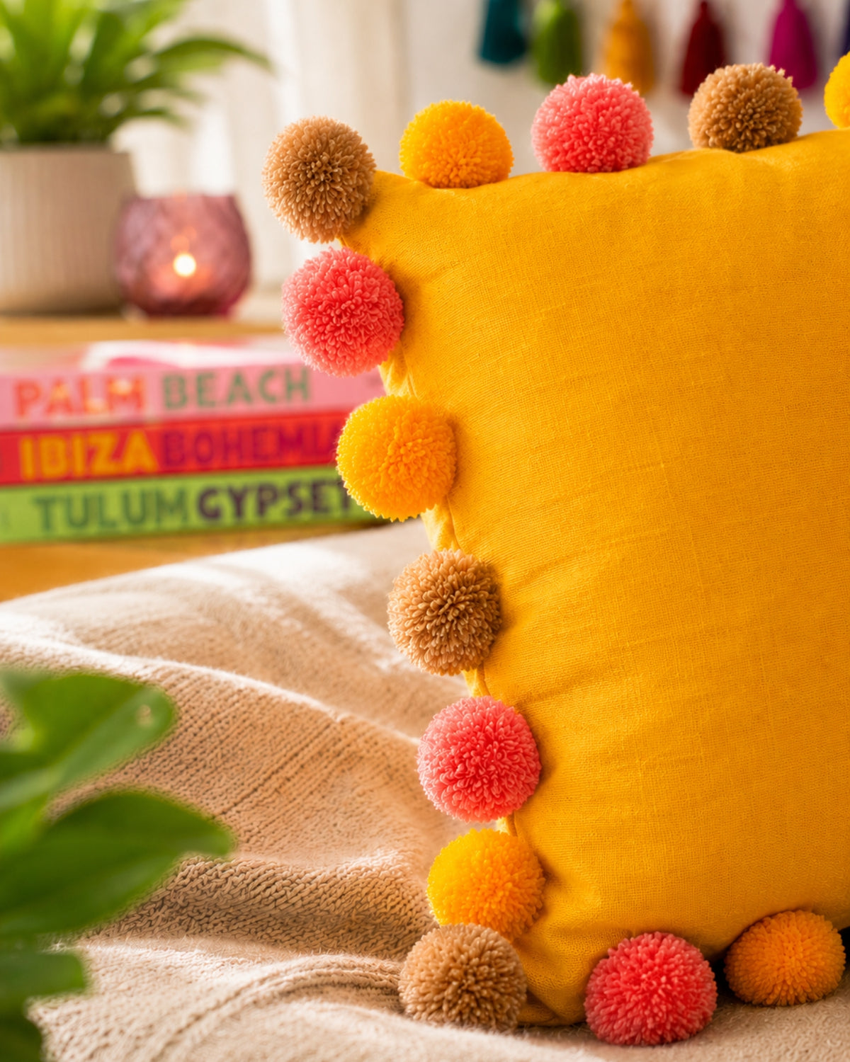 Sunset Pompom Yellow Cotton Cushion Cover with Lining