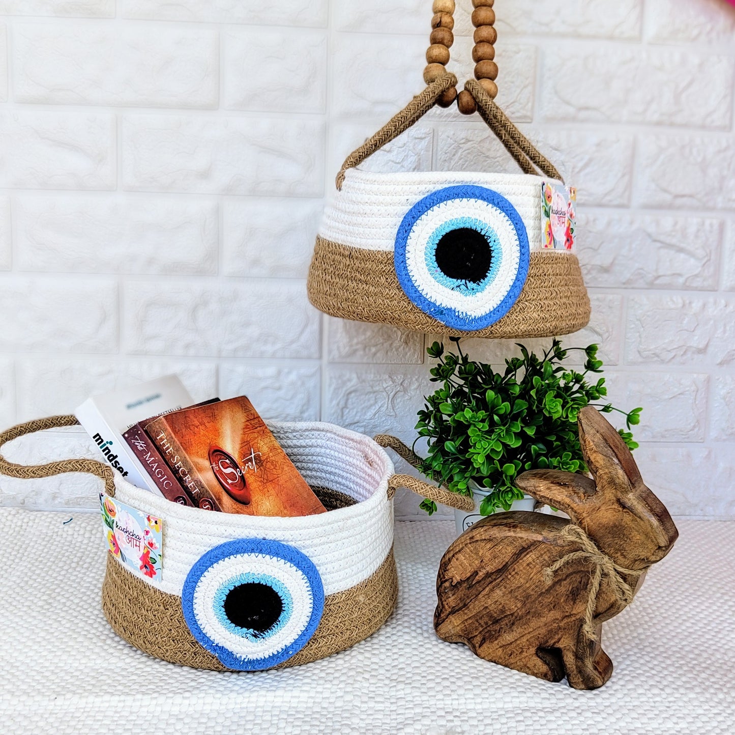 Evil Eye Jute Cotton Basket with Handles