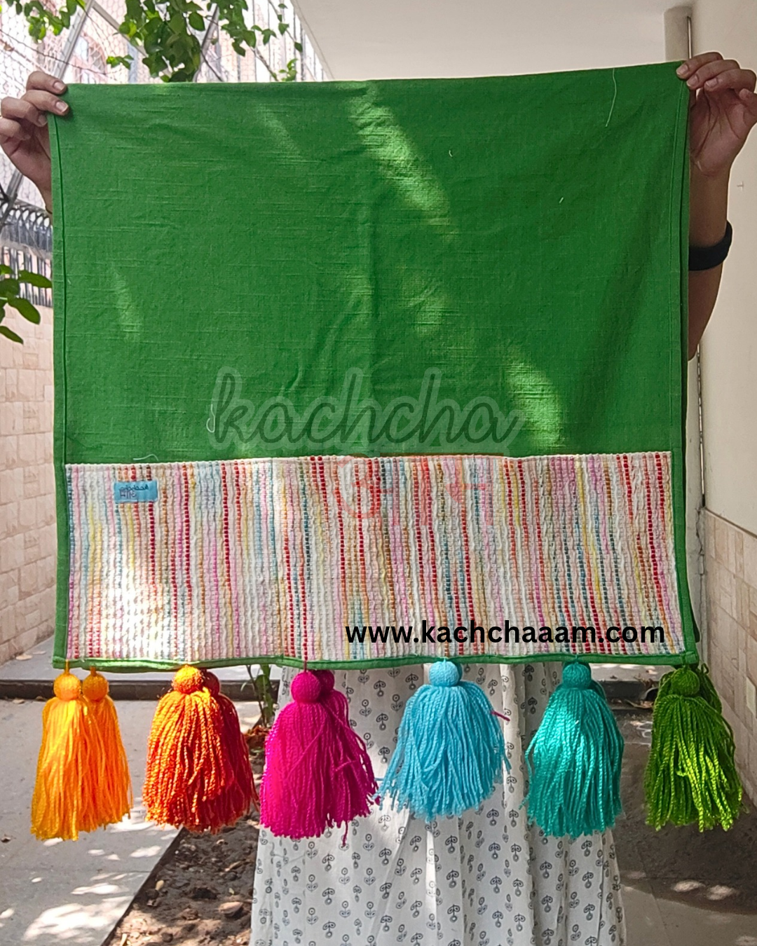 Cotton Slub Solid Fridge Cover with Multicolored Jacquard Fabric Pockets and Rainbow Tassel