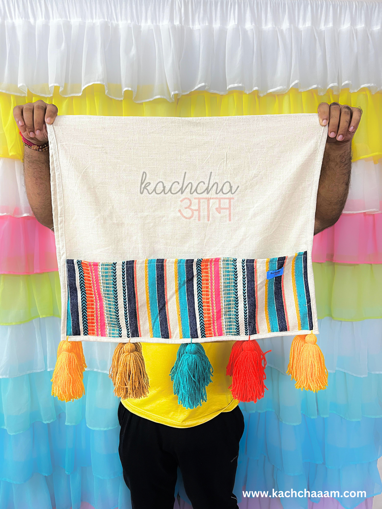 Natural Cotton Slub Solid Fridge Cover with Multi Jacquard Fabric Pockets & Multi Tassels
