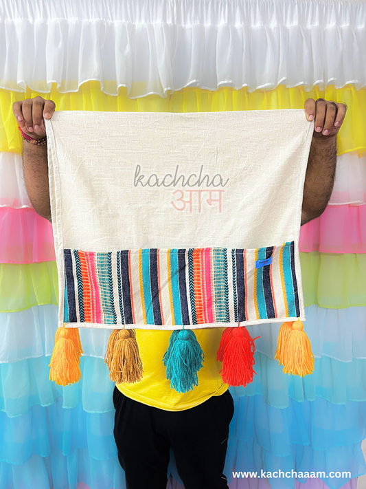 Natural Cotton Slub Solid Fridge Cover with Multi Jacquard Fabric Pockets & Multi Tassels