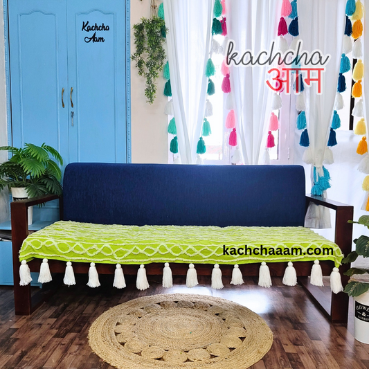 Lime Polyester Tufted Sofa Cover with White Tassels