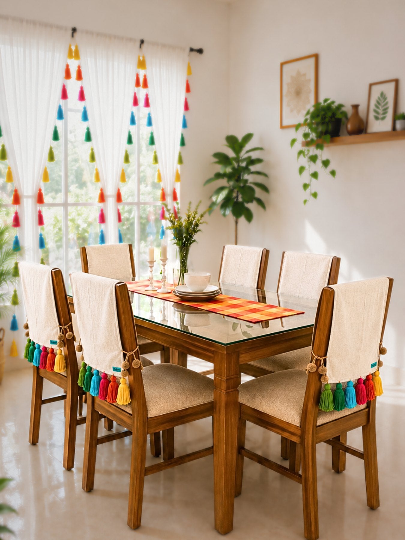 Natural Cotton Slub Chair Cover with Rainbow Tassels