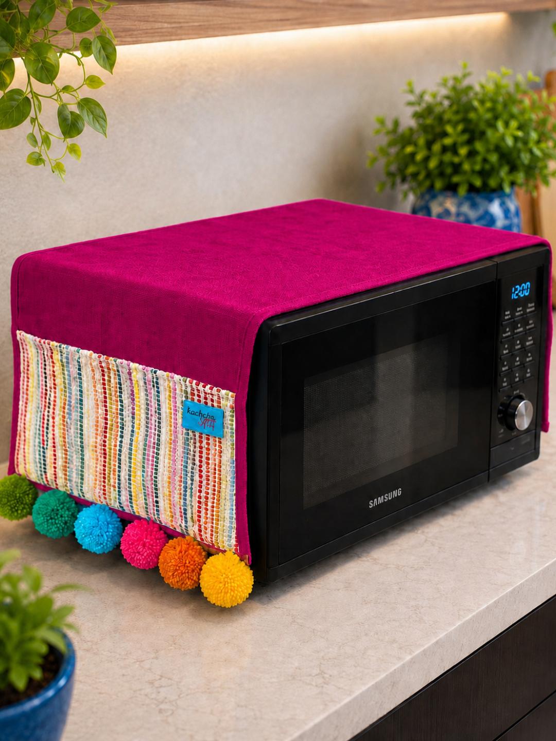 Magenta Pink Cotton Slub Solid Microwave Cover with Multicolored Jacquard Fabric Pockets and Rainbow Pompom