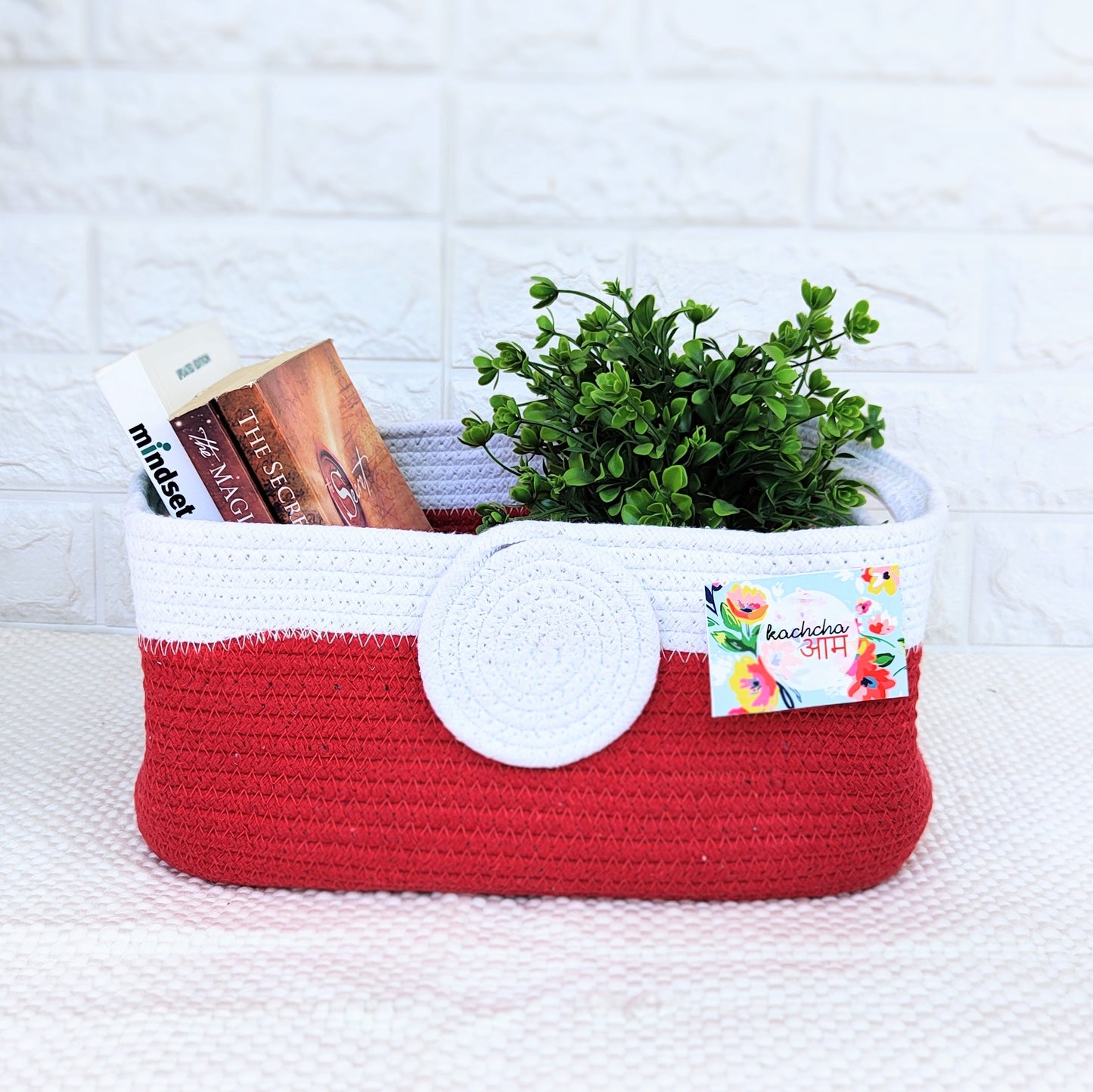 Red & White Rectangle Cotton Rope Organizer Basket