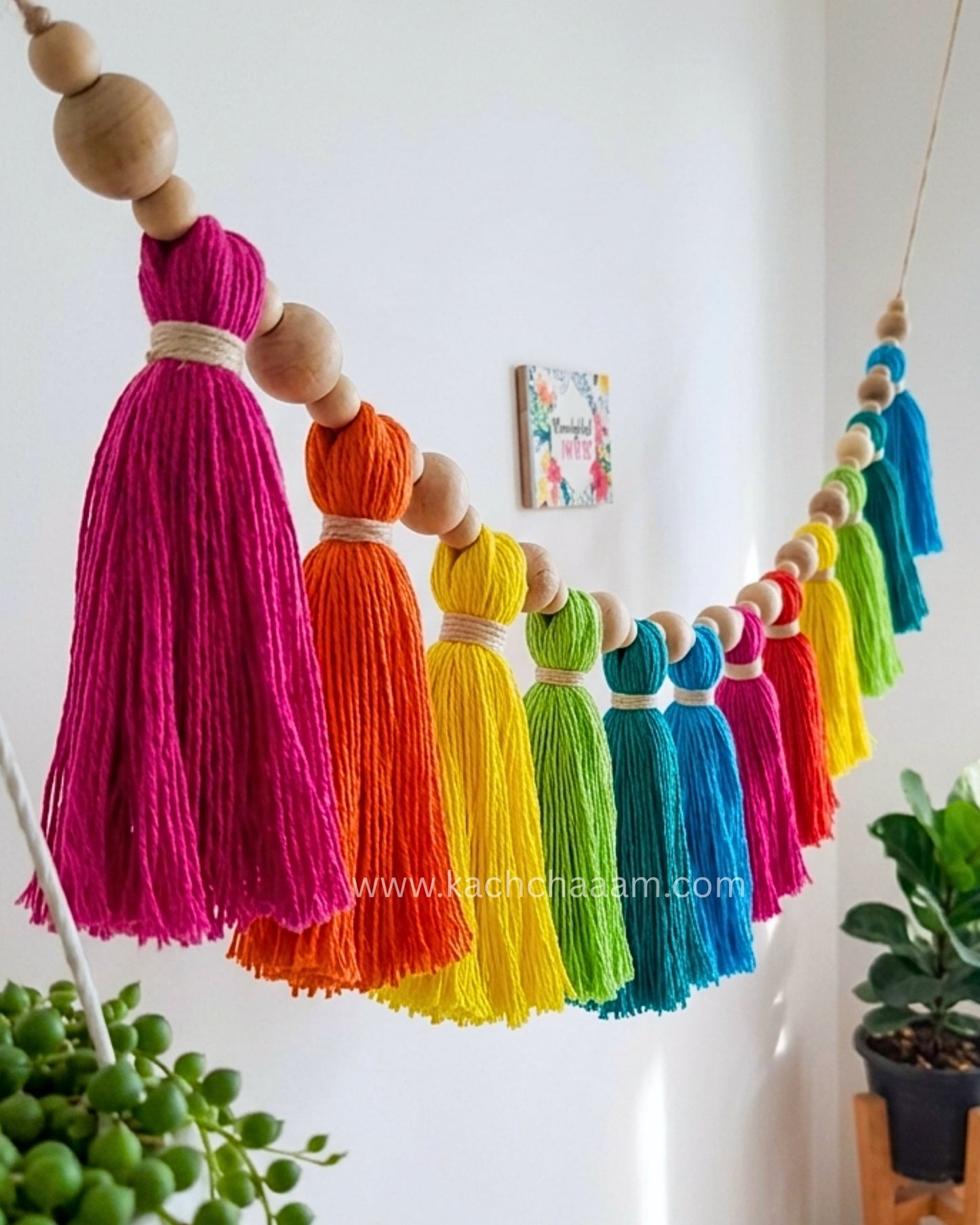 Cotton Tassel Rainbow Bunting with Wooden Beads