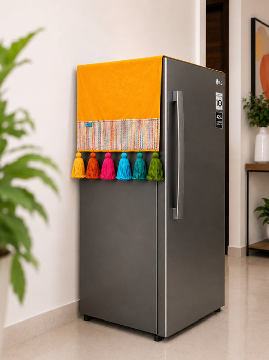 Marigold Cotton Slub Solid Fridge Cover with Multicolored Jacquard Fabric Pockets and Rainbow Tassel