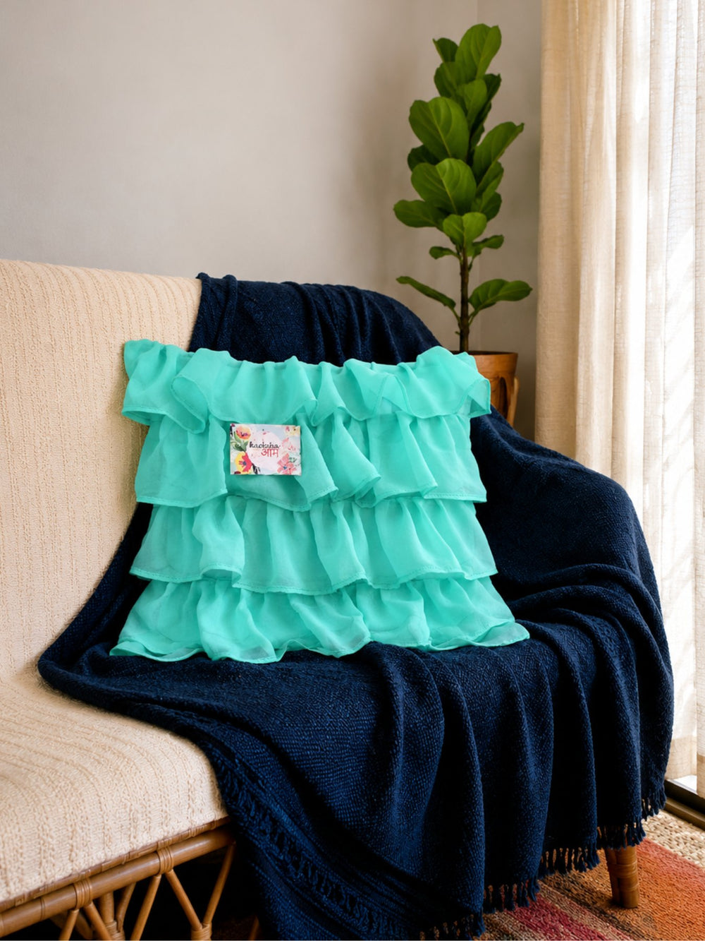 Georgette Ruffles Cushion Cover in Teal - 16x16 Inches with Quality Lining