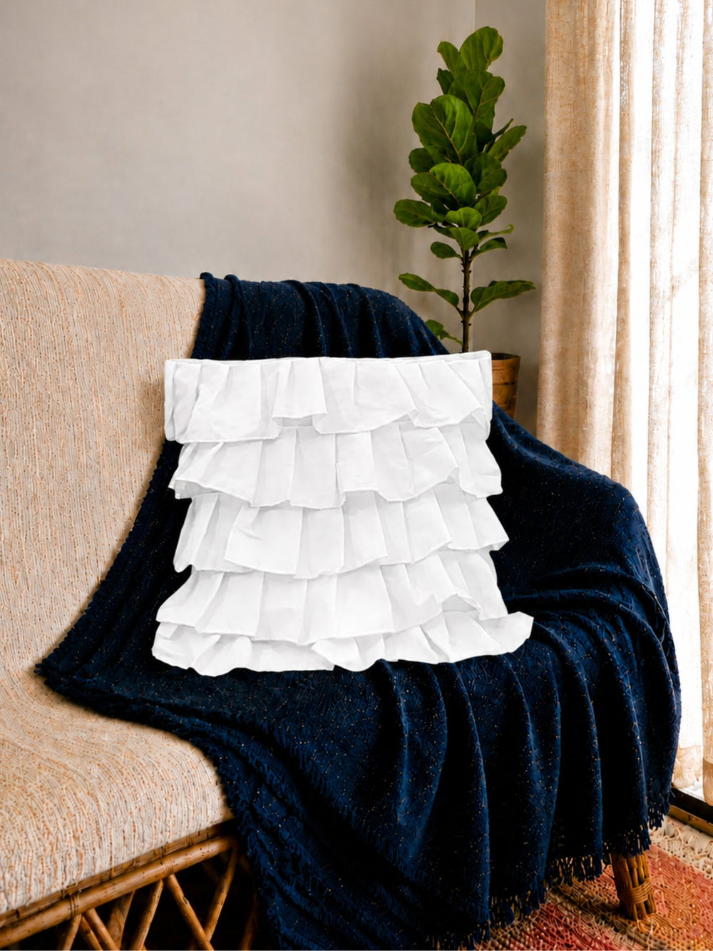Cotton Ruffle Cushion Cover in White - 16x16 Inches with Quality Lining