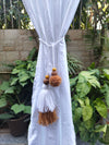 Curtain Tie Backs White Beige Pompom & Tassel with Wooden Beads (Set of 2)