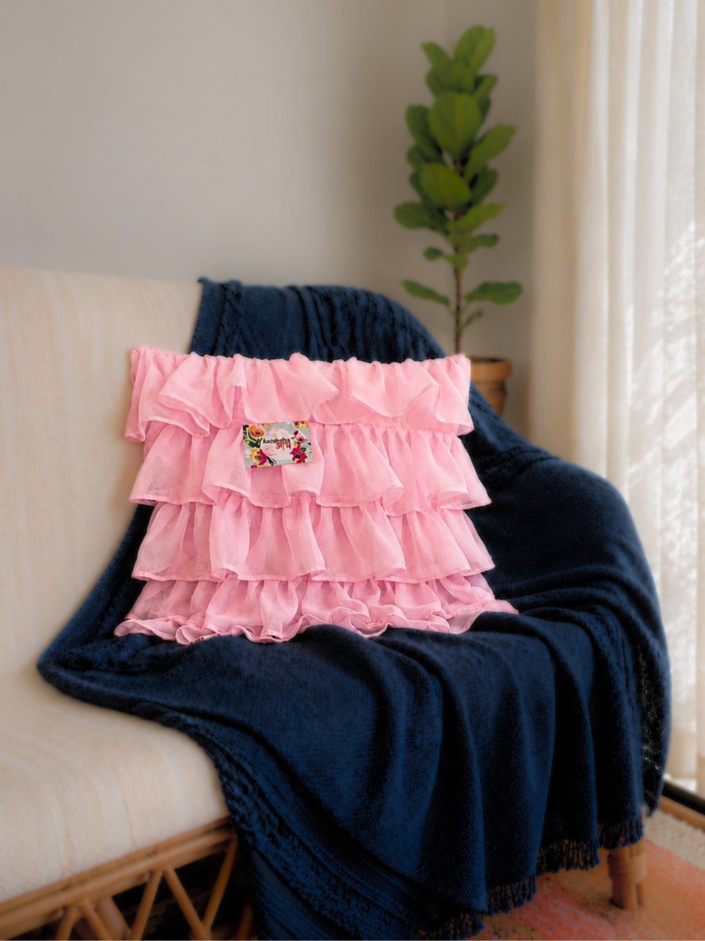 Georgette Ruffle Cushion Cover in Pink - 16x16 Inches with Quality Lining