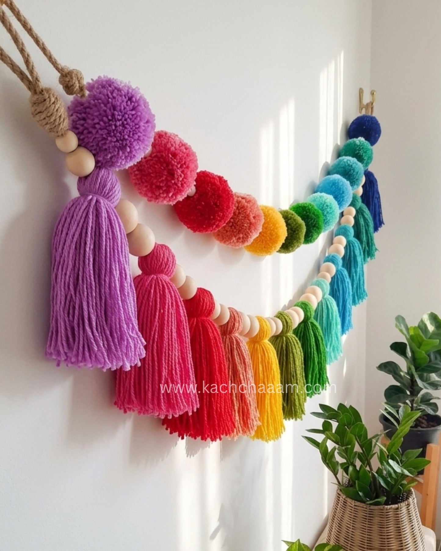 2 Layered Pompom and Tassel Wool Bunting Wall Decor