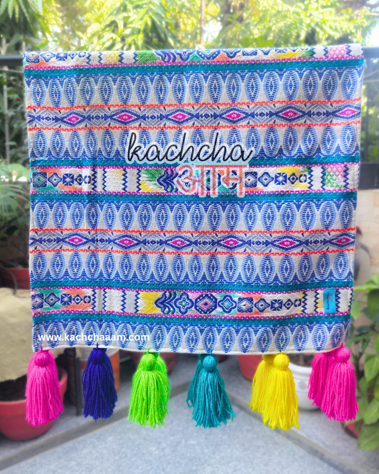 Blue Motif Fridge Cover without Pockets & Multi Tassels