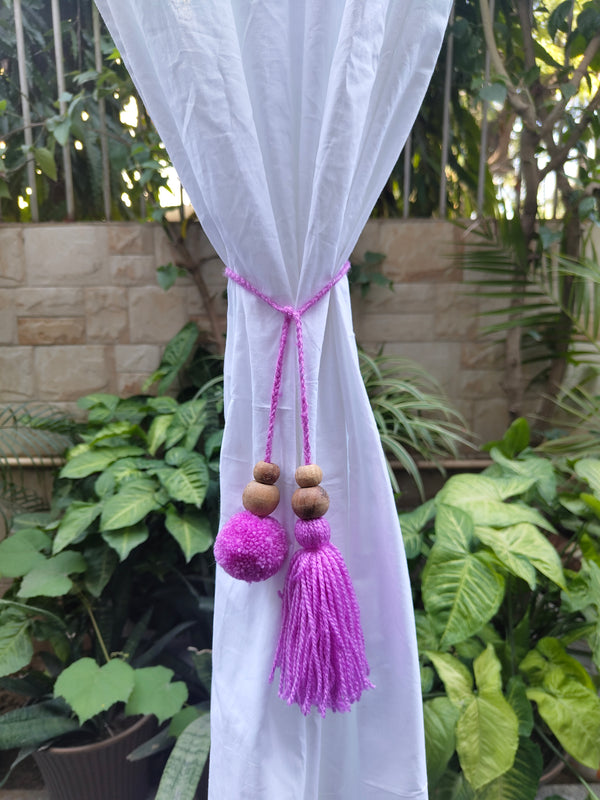 Curtain Tie Backs Lavender Pompom & Tassel with Wooden Beads (Set of 2)
