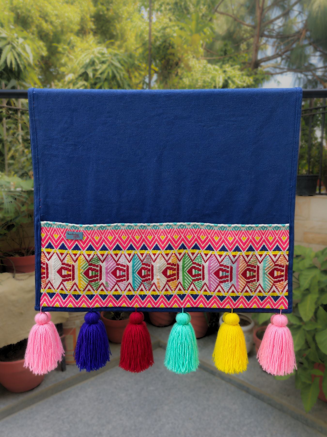 Navy Cotton Slub Solid Fridge Cover with Neon Yellow Jacquard Fabric Pockets & Neon Tassels