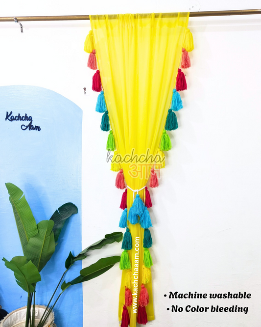 Gulbahar Tassel Lemon Yellow Curtains (Cotton & Sheer)