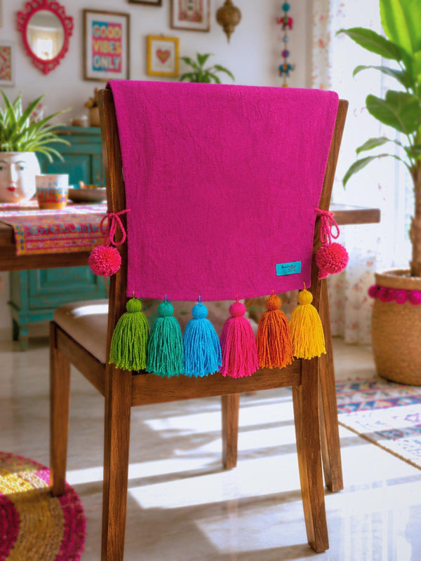 Pink Cotton Slub Chair Cover with Rainbow Tassels