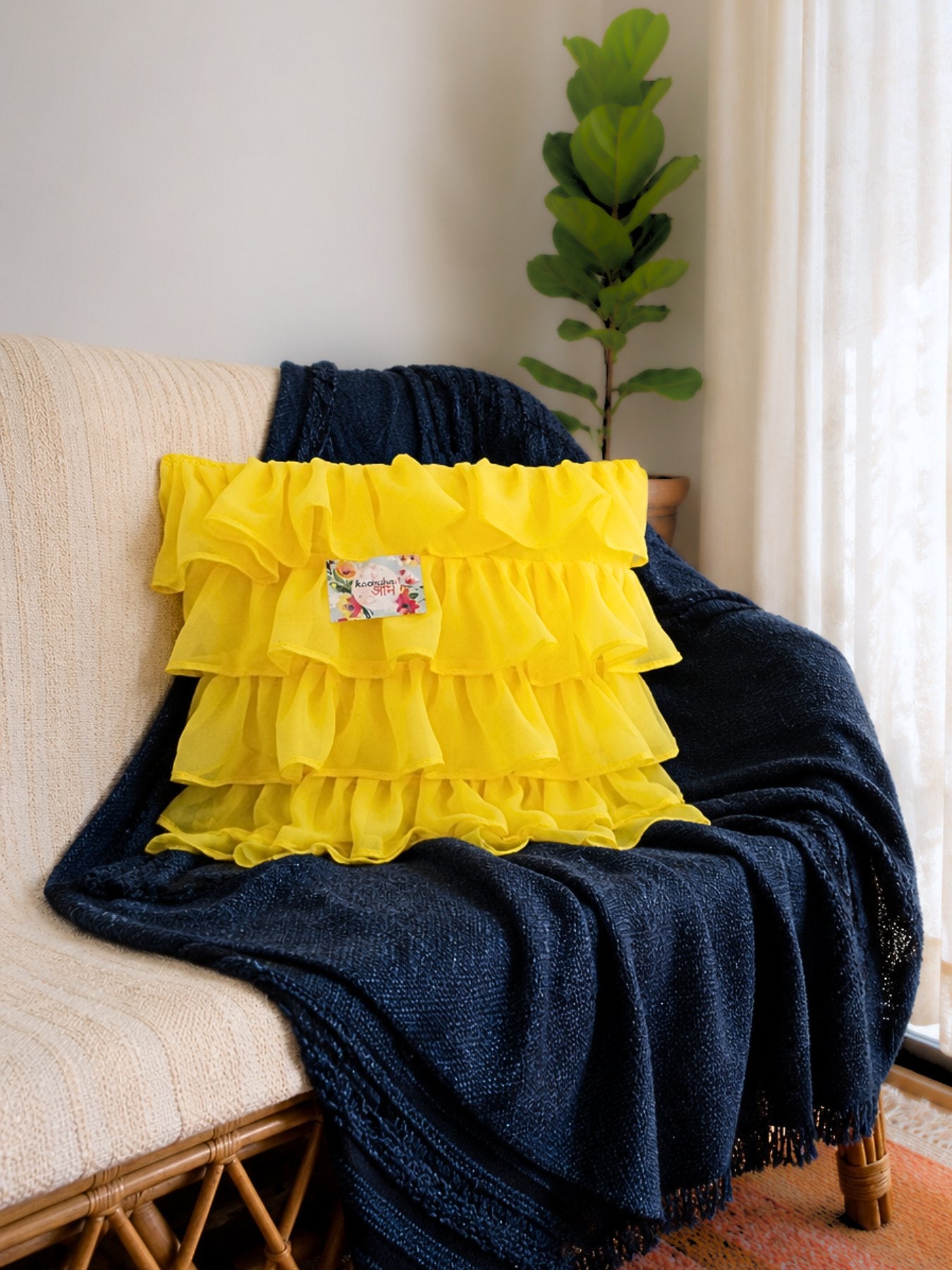 Georgette Ruffles Cotton Cushion Cover in Yellow - 16x16 Inches with Quality Lining