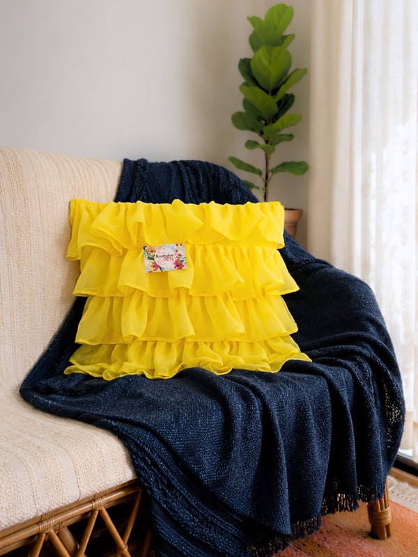 Georgette Ruffles Cotton Cushion Cover in Yellow - 16x16 Inches with Quality Lining