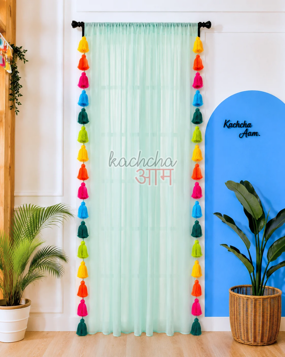 Rainbow Tassel Teal Curtains (Cotton/Sheer)