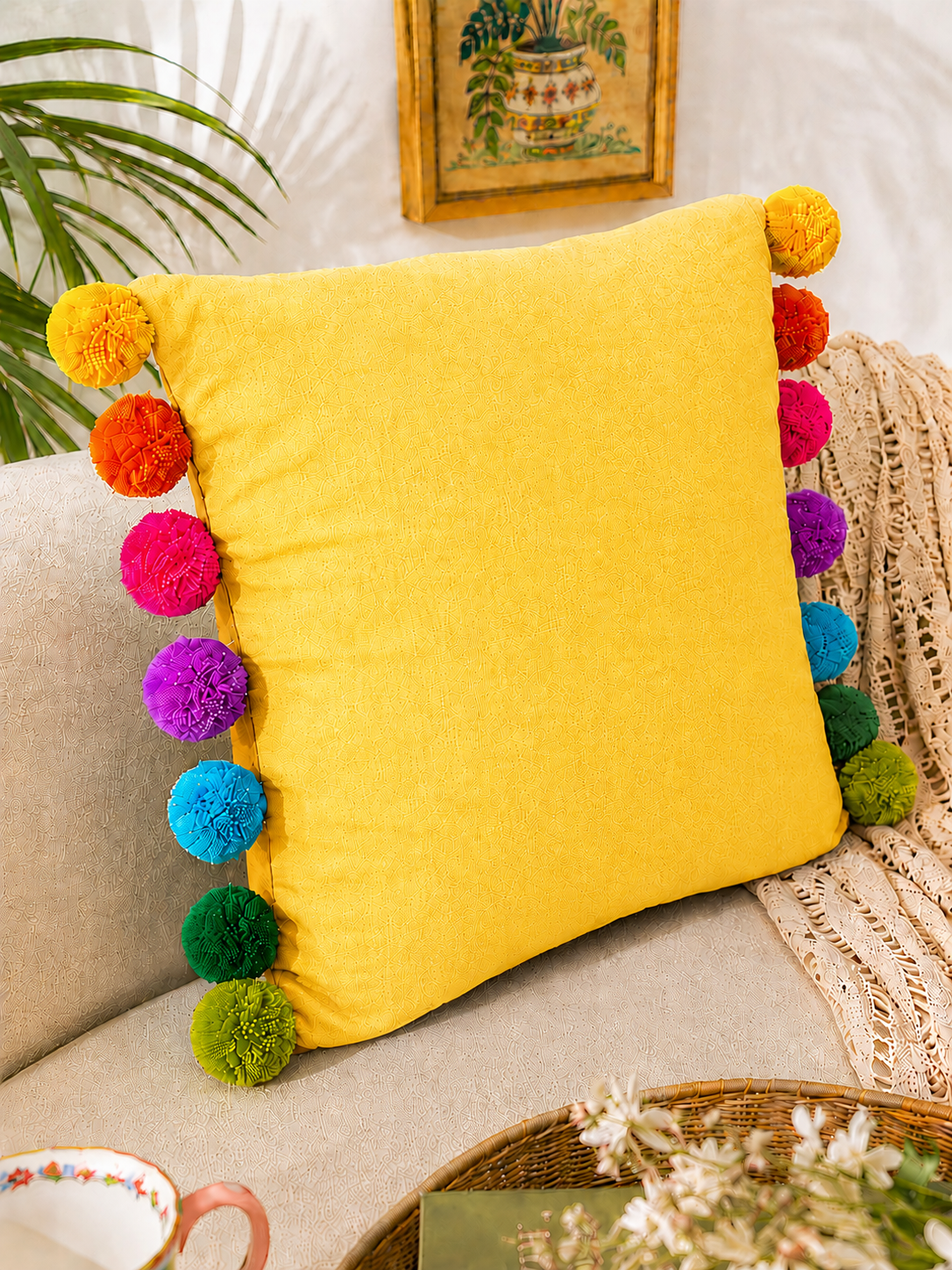 Rainbow Pompom Yellow Cotton Cushion Cover with Lining